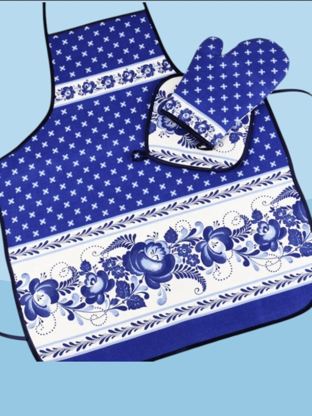 Russian 3pc Textile set Apron Mitt and an Potholder Blue Gzhel Floral Design